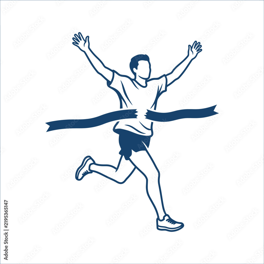 Fototapeta premium Athlete Breaks Through Finish Line Celebrating Victory With Arms Raised