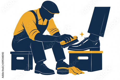 Flat Vector Illustration of a Professional Shoe Shiner Polishing a Customer's Leather Dress Shoe with a Brush and Care Kit, Isolated on White for Service and Craftmanship Concepts.