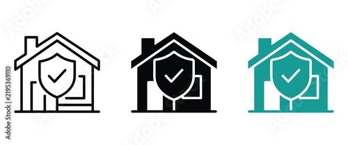 Home insurance concept with house and shield check mark in three design styles