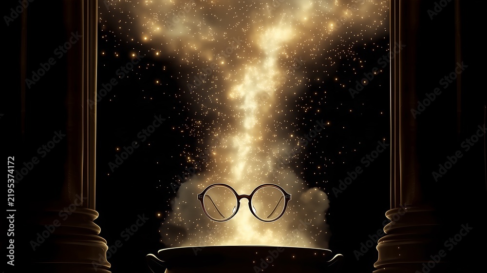 Fototapeta premium Round vintage eyeglasses floating above a black cauldron as a column of golden sparkling dust rises between dark classical pillars in a mysterious hall