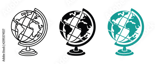World globe icon set representing global geography education and international travel with flat icon