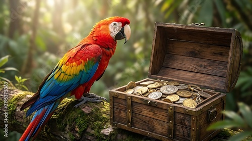 Vibrant scarlet macaw parrot perched on a branch beside an open treasure chest filled with gold coins in a lush tropical rainforest