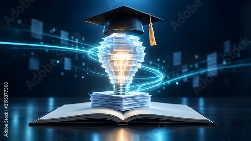 Glowing lightbulb shaped from stacked documents wearing a graduation cap on an open book representing bright ideas academic success and online education