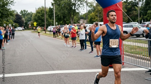 Male athlete crossing the finish line of a marathon street race with spectators cheering outdoors