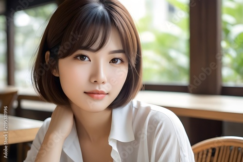 Portrait of a lovely young East Asian woman sitting at cafe desk leaning on hand looking at camera