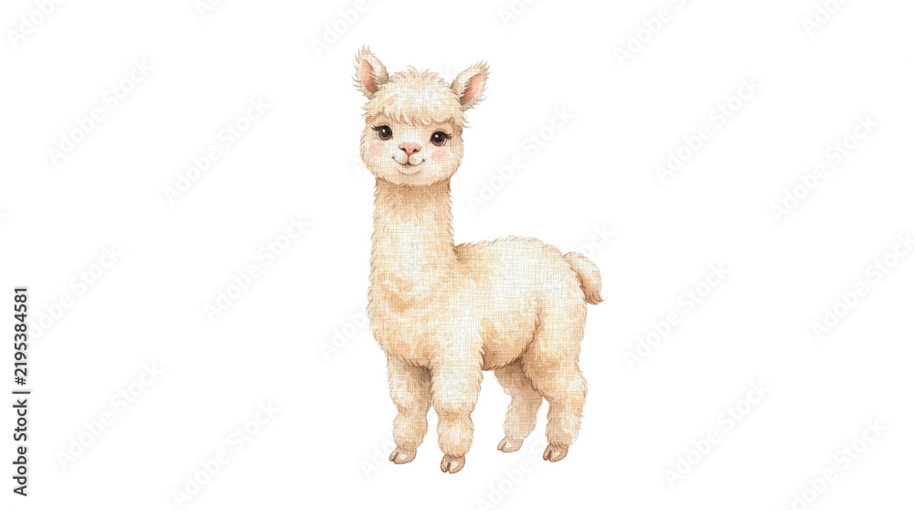 Obraz premium A cute baby alpaca standing and looking forward. This fluffy and adorable animal has light brown fur and a sweet face.