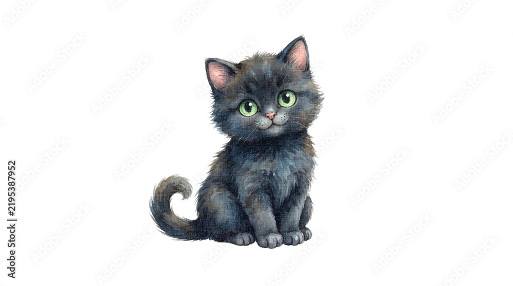 Fototapeta premium A cute, fluffy black kitten with big green eyes sitting attentively. Its tail is curled around its body, and it has a gentle, curious expression