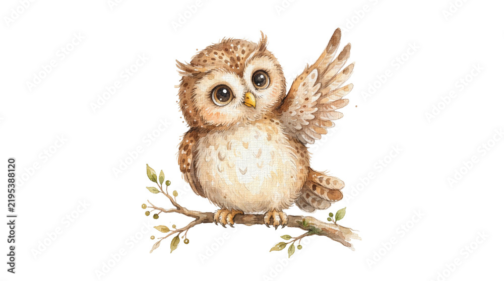 Obraz premium A cute cartoon owl sitting on a branch, waving its wing. The owl is depicted in a soft watercolor style with big, expressive eyes