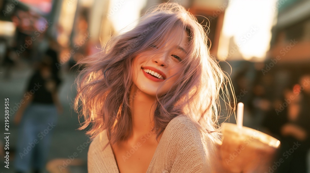 Fototapeta premium A stylish young woman walking through the city with a café drink in hand, beaming with a broad smile