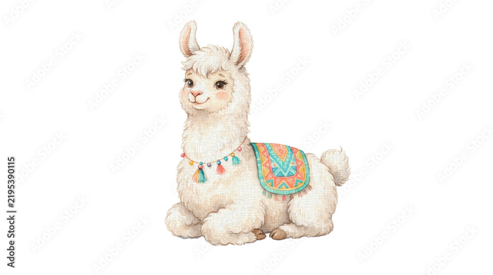 Fototapeta premium A cute, fluffy llama sitting comfortably and wearing a colorful blanket and beaded necklace. Its fur is white, and it has a gentle expression, with long ears and a small tail