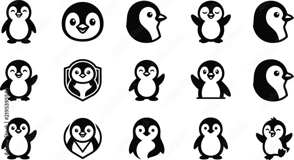 Obraz premium A collection of cute penguin character icons featuring various poses and expressions presented as an isolated object on transparent background isolated on transparent background