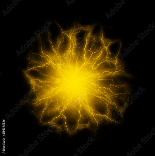 Yellow electric lightning sphere isolated on black background