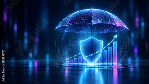 Glowing blue digital umbrella protecting a security shield and an upward trending bar chart, representing financial growth, wealth protection, and business risk management.