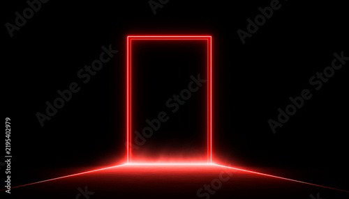 Glowing Red Neon Doorway Frame Portal on Dark Floor in Black Room
