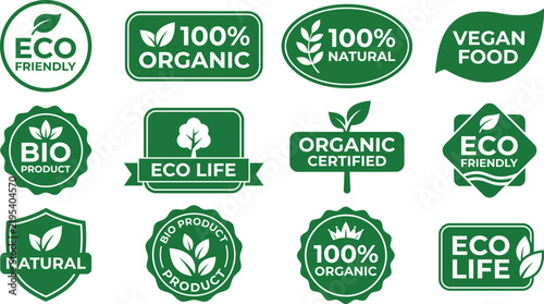 Green eco friendly organic natural vegan food badge labels with leaf symbols for healthy sustainable product packaging and certification design