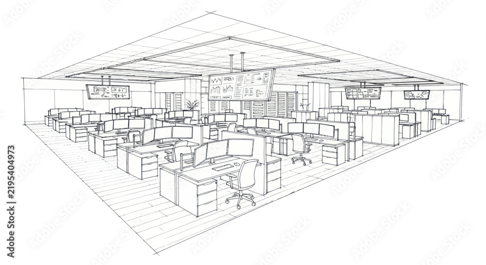 Fototapeta premium Corporate Open Plan Office Space Sketch with Cubicles Workstations and Modern Furniture in Monochrome