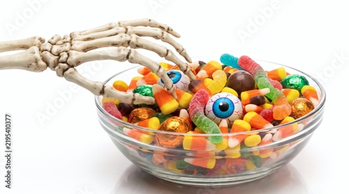Skeletal Hand Reaching for Halloween Candy in Glass Bowl Isolated on White