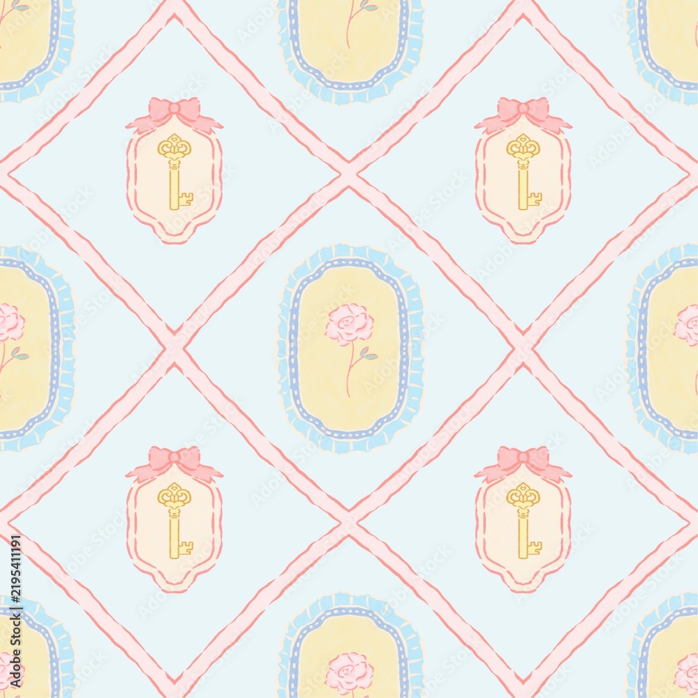 Obraz premium Romantic Pastel Blue Wallpaper Pattern with Keys and Roses