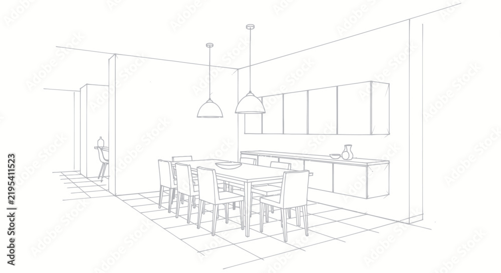 Fototapeta premium Creative Minimalist Sketch of Modern Dining Room with Wooden Table Chairs Pendant Lights and Kitchen Island
