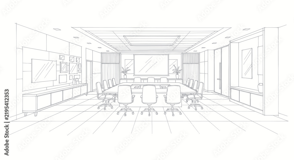 Fototapeta premium Dynamic Monochrome Line Drawing of Modern Office Conference Room with Furniture and Decor Elements