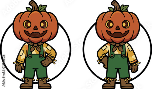 Cute Cartoon Pumpkin Scarecrow Character Set with Jack O Lantern Head and Green Overalls Vector Illustration for Halloween and Autumn Designs