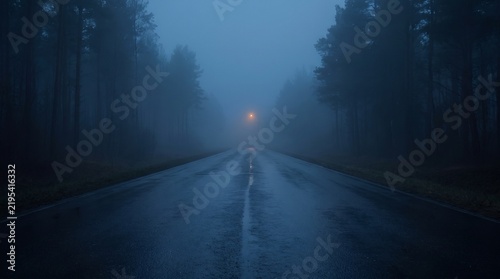 Wet asphalt road stretches into a dense fog with distant headlights