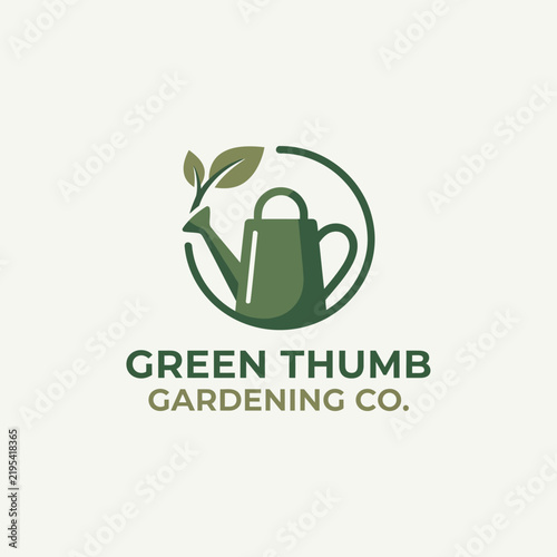 Modern Green Thumb Gardening Company Logo featuring a Watering Can and Leaf Icon for Sustainable Landscaping