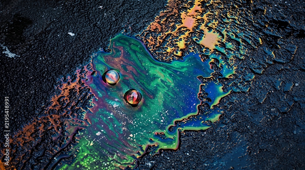 Obraz premium Green Iridescent Fuel Slick with Droplets on Wet Asphalt