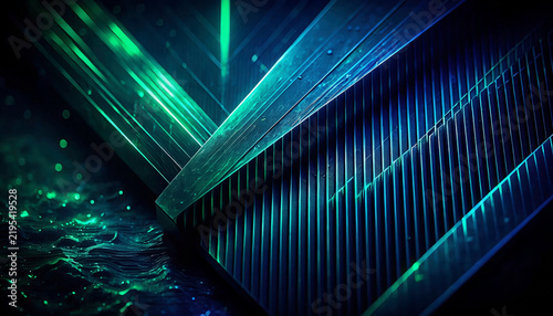 Abstract Futuristic Geometric Metallic Slats with Neon Green and Blue Lighting
