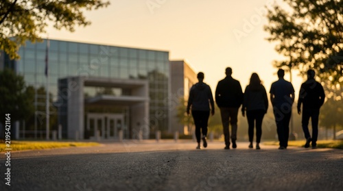 Five people walk towards a modern glass office building at sunrise or sunset, silhouetted by the golden light.