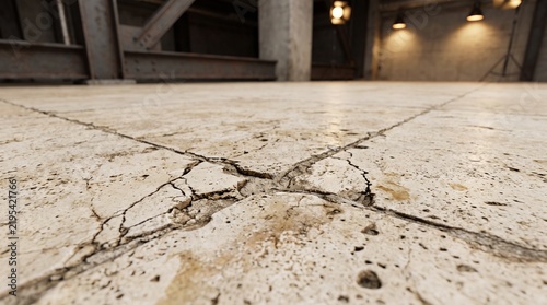 Cracked stone tile floor in an empty industrial loft interior for architectural design background.