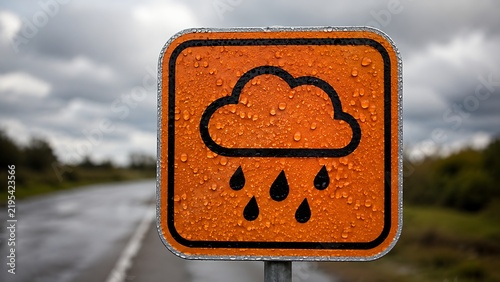 Orange rain warning road sign covered with water droplets