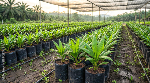Oil palm seedlings growing in black polybags inside a commercial nursery shade house