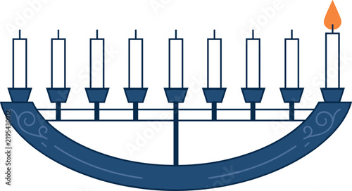 Hanukkah Menorah Vector Illustration Featuring Blue Crescent Candelabra with Nine Holiday Candles and One Lit Flame Isolated on White Background