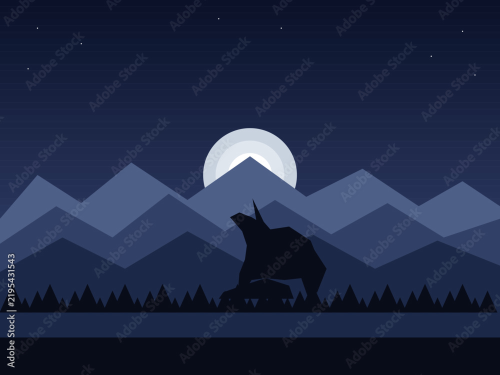 Obraz premium Mountain landscape illustration under a dark night sky displaying bright stars and a large glowing moon above dark pine trees.
