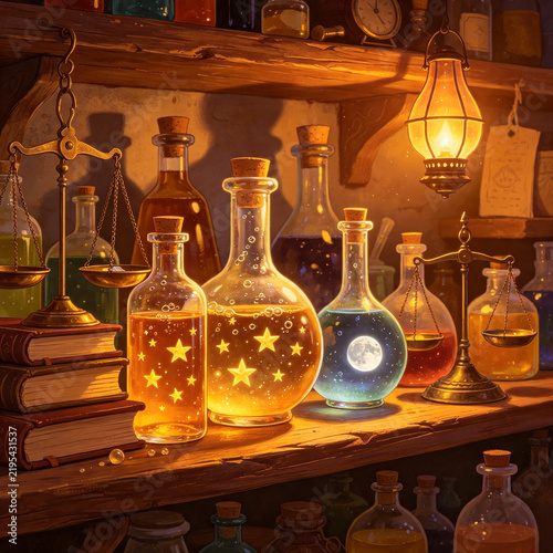 whimsical magic bottles with luminous particles