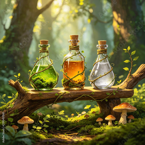 fantasy potion collection with colorful glowing liquids