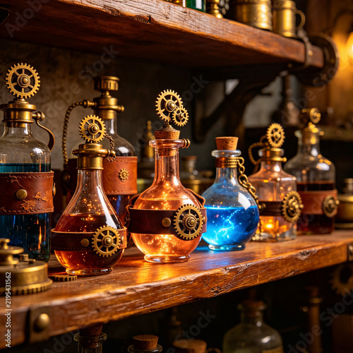 enchanted laboratory with vibrant potion bottles