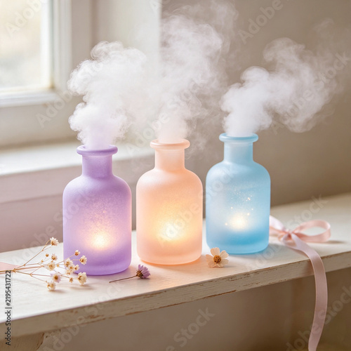 glowing potion bottles in a magical setting