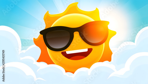 A smiling cartoon sun, decked out in sunglasses and displaying a sunny expression, glides above soft, fluffy clouds against a bright background, conjuring a playful notion of summertime or a vacation