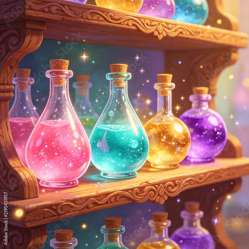 colorful magical potions in enchanted workshop