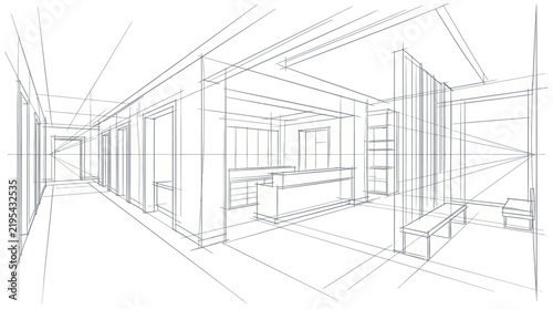 Creative Architectural Sketch Isometric Perspective of Modern Minimalist Interior Design with Furniture Layout