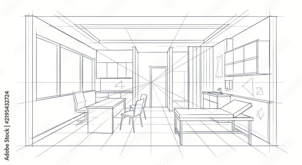 Fototapeta premium Creative Architectural Sketch of Modern Minimalist Office Space with Perspective Drawing Featuring Furniture Tables Chairs and Large Windows