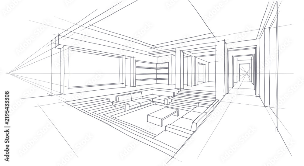 Fototapeta premium Dynamic Architectural Perspective Sketch of Modern Minimalist Living Space with Depth and Vanishing Points