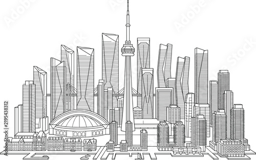 Modern Toronto City Skyline Line Art Illustration with Skyscrapers Observation Tower and Urban Architecture