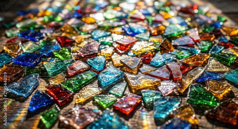 Obraz premium Scattered colorful glass fragments creating a vibrant, multifaceted abstract texture