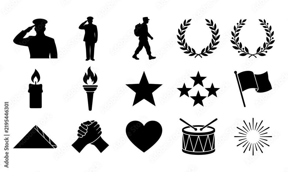 Set of black silhouette icons representing military themes for veterans ...