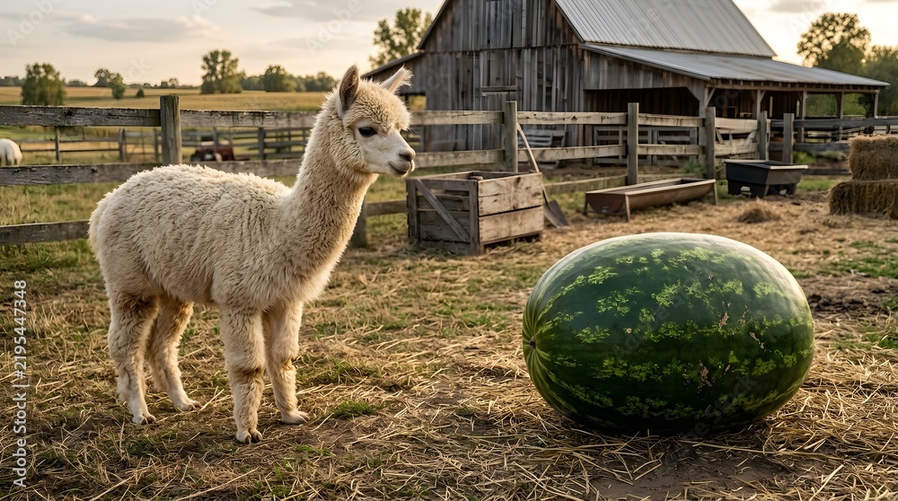 Obraz premium Curious Alpaca Looking at a Giant Watermelon on a Farm