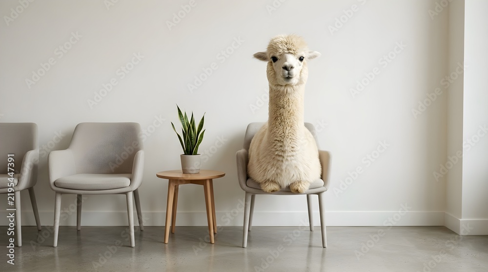 Fototapeta premium Alpaca Sitting in a Minimalist Waiting Room