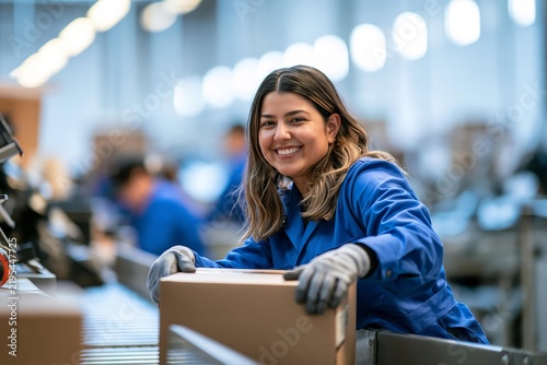 Female warehouse worker sorting cardboard boxes on conveyor belt in fulfillment center